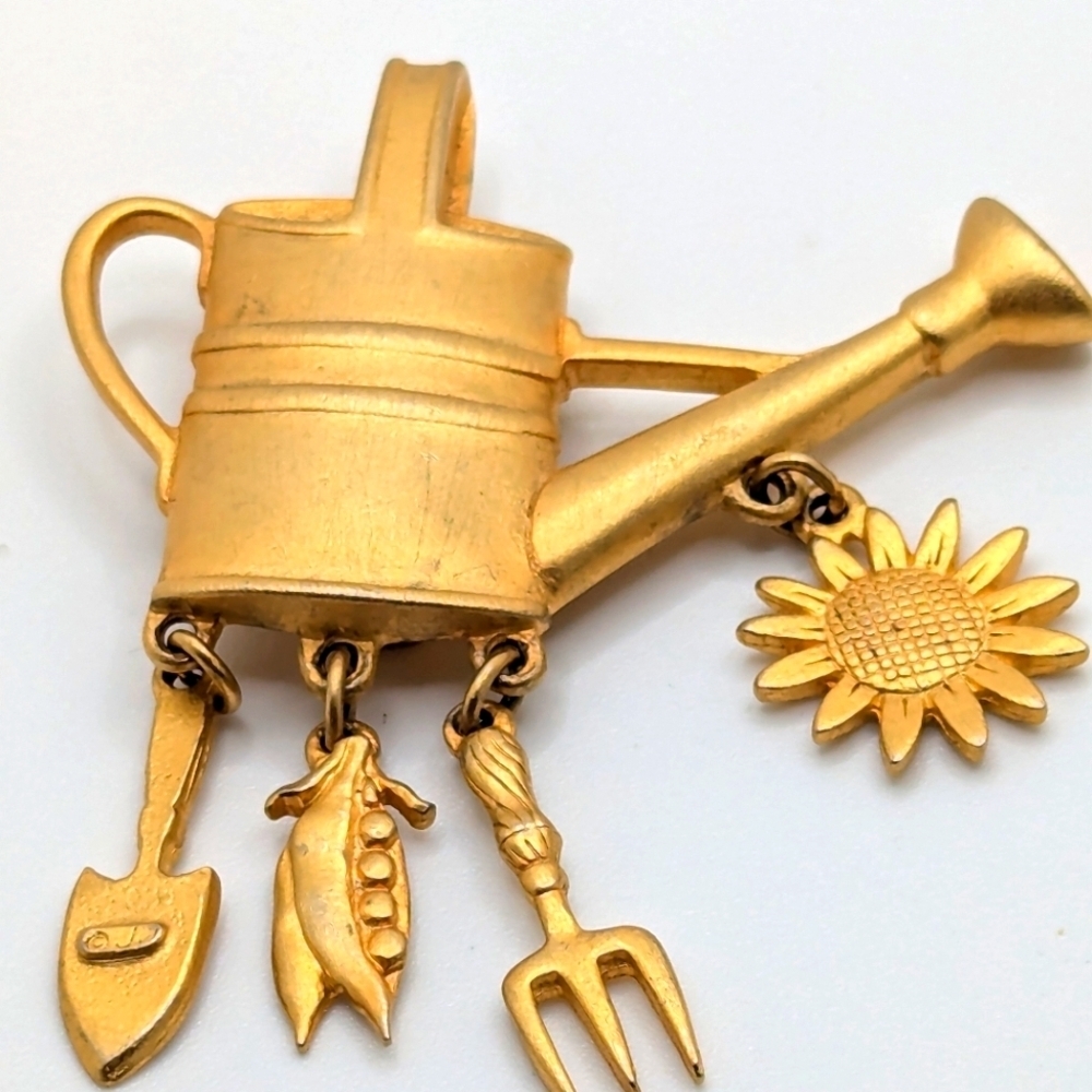 JJ Pewter or Goldtone Watering Can Brooch with Dangles, Flower, Trowel, Peapod,
